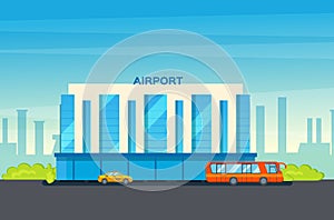 Airport terminal building and airplanes, taxi, car, loader. Airplane on the runway an urban landscape background