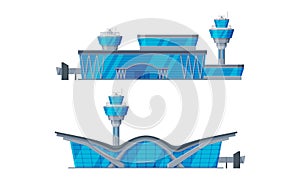 Airport Terminal Building with Concourse and Control Tower Vector Set