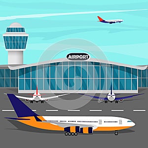 Airport terminal building, control tower, plane taking off, planes on runaway. Vector flat illustration.