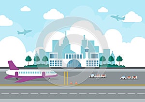 Airport Terminal building with infographic aircraft taking off and Different transport types elements templates Vector