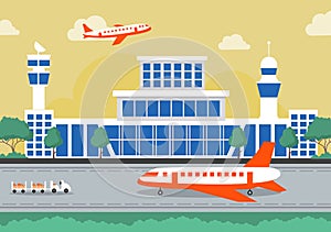 Airport Terminal building with infographic aircraft taking off and Different transport types elements templates Vector