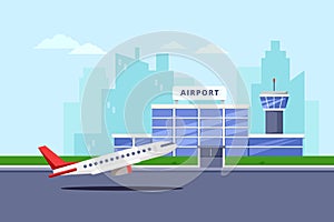 Airport terminal building and taking off aircraft, vector flat illustration. Air travel background and design elements photo