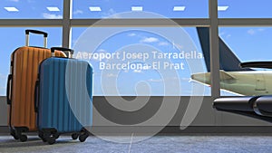 Airliner revealing Aeroport Josep Tarradellas Barcelona-el Prat text in the window of terminal. 3d rendering photo