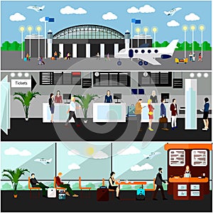 Airport terminal concept vector illustration. Air ticket office, check-in counters and waiting area