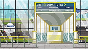 Airport terminal. Departure board above the gate with Rawalpindi text. Travel to Pakistan cartoon illustration