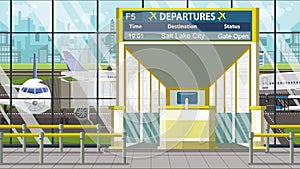 Airport terminal. Departure board above the gate with Salt lake city text. Travel to the United States cartoon