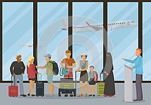 Airport terminal departure or check-inn hall vector illustration. People with tickets boarding passes and luggage