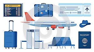 Airport terminal design elements. Traveling by plane, set of objects. Baggage, metal detector, air ticket, passport, information