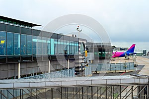 Airport, terminal, facade, airplane, runway