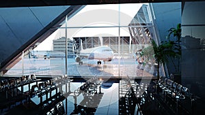 Airport terminal. fly animation. Wonderfull sunset. Business and travel concept