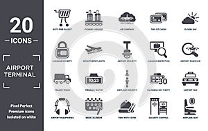 airport.terminal icon set. include creative elements as duty free basket, cloudy day, luggage inspection, airplane security belt,