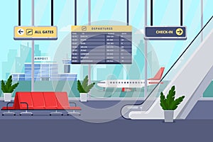 Airport terminal interior, vector flat illustration. Lounge, departure hall with chairs, window, airplane on background.