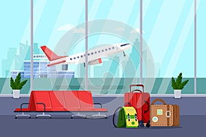 Airport terminal interior, vector illustration. Empty waiting lounge or departure hall with red chairs and luggage bags