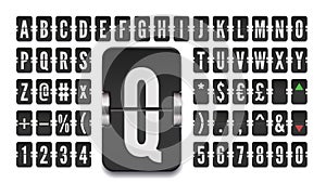 Airport terminal mechanical flip board alphabet for stock exchange rates. Black scoreboard abc font with numbers for