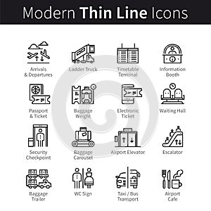 Airport terminal navigation icons set. Signage systems signs: plane, check-in, passenger service, baggage, air traveling