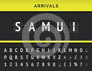 Airport terminal panel with flight font. Vector Arrivals flip board with destination in Samui in Malasia. photo