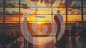 Airport terminal with passengers waiting for their flight at sunset. Travel concept.