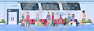 Airport terminal people. Travelers sitting waiting with luggage cartoon passengers on vacation. Flat illustration