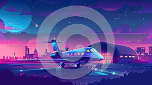 An airport terminal and private jet are on a runway strip at night. A cartoon illustration of a city skyline with a