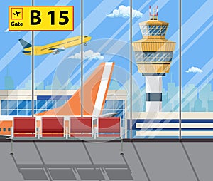 Airport terminal with seats, plane, control tower