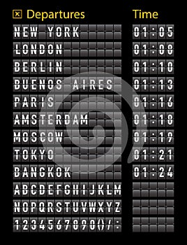 Airport timetable. Airport board for departure and arrive. Information of flight. Font on display panel. Destination on scoreboard