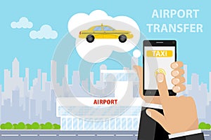 Airport transfer. Banner transfer to the airport. The man calls a taxi to the airport via the phone.