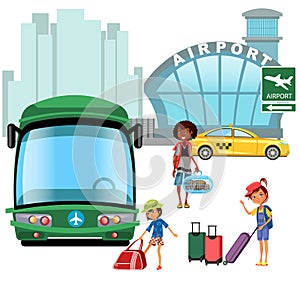 Airport transfer, public transport like car and bus, happy family mother with kids kepp his luggage for transportation