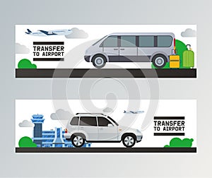 Airport transfer vector traveling by plane in airport departure terminal transportation by taxi car illustration