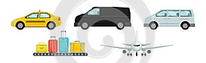 Airport Transport with Plane, Van Tranfer, Taxi and Luggage Belt Vector Set