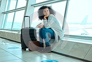 Airport, travel delay and depressed woman sad for immigration, passport or schedule problem. Young USA person with