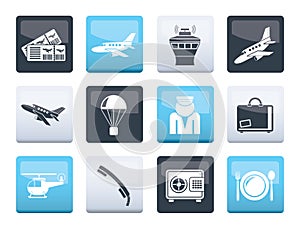 Airport and travel icons over color background