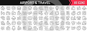Airport and travel linear icons in black. Big UI icons collection in a flat design. Thin outline signs pack. Big set of icons for