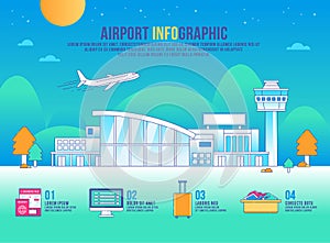 Airport vector infographic, design building, icon graphic, transport, background modern, landscape