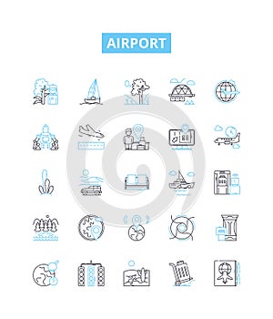 Airport vector line icons set. Airport, Terminal, Check-in, Terminal-, TSA, Runway, Arrival illustration outline concept