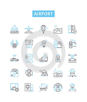 Airport vector line icons set. Airport, Terminal, Check-in, Terminal-, TSA, Runway, Arrival illustration outline concept