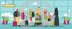 Airport vector traveling people waiting flight with luggage in departure terminal illustration backdrop passenger