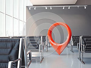 Airport waiting hall with dark chairs and red geotag or map pin. 3d rendering