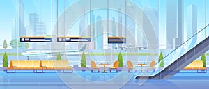 Airport waiting hall vector illustration, cartoon flat modern inside interior, empty seats chairs for waiting passengers