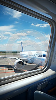 Airport window view A flight takes off into the sunny, clear sky