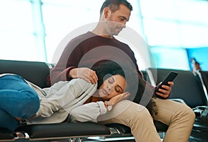 Airport, woman sleep and couple waiting for airplane for holiday travel together.Tired, flight delay and luggage of man