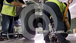 Airport worker checking chassis. Engine and chassis of the passenger airplane under heavy maintenance. Engineer checks