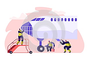 Airport Worker Service and Cleaning Plane. People Washing Airplane. Man on Aircraft Ladder Checking. Character Mop Chassis