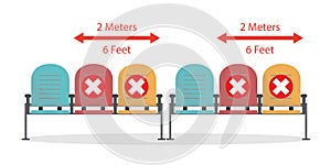 Airports or subway keeping social distancing norms. Covid-19 prevention. Row of chairs with prohibited marks. Coronavirus pandemic