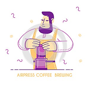Airpress Coffee Brewing Concept. Freshly Brewed Drink in Hands of Barista Wearing Apron. Delicious Cappuccino Espresso