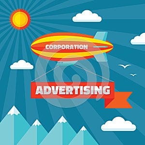 Airpship with advertising banner - creative vector illustration in flat style. Design element