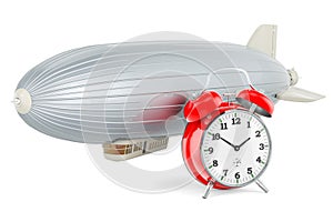 Airship or dirigible balloon with alarm clock, 3D rendering