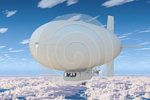 Airship or dirigible balloon in the blue sky above the clouds. 3D rendering