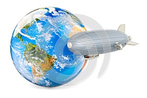 Airship or dirigible balloon with Earth Globe, 3D rendering