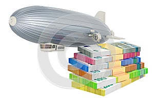 Airship or dirigible balloon with euro packs. 3D rendering