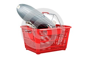 Airship or dirigible balloon inside shopping basket, 3D rendering